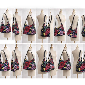 Floral Quilted Hobo Shoulder Bag Black Leather Trim Roses Butterfly Print Zip Pu